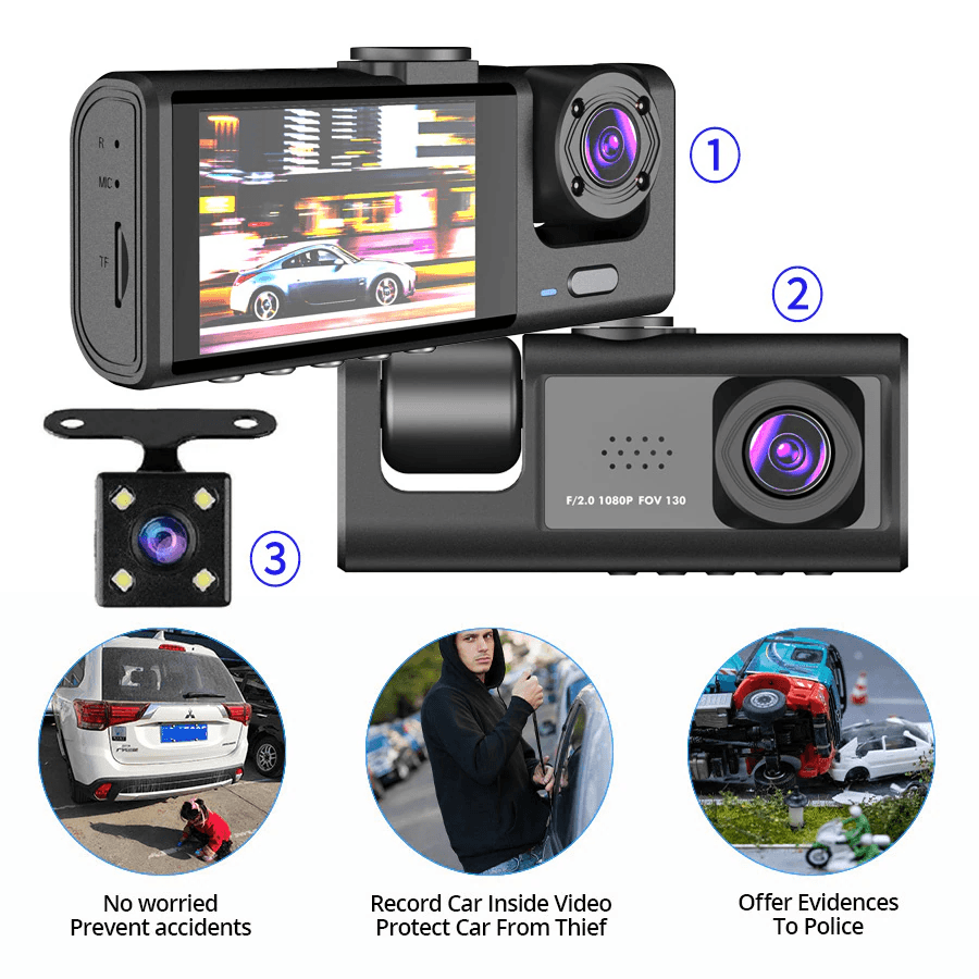 image-Car Dual Lens Dash Cam HD 1080P Front/Rear/Inside Video Recorder