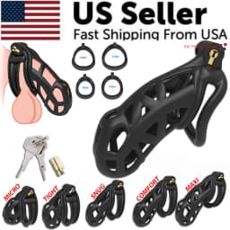 image-Male Chastity Cage Lock Device Kit W/ 4 Rings Virginity Device 5 Sizes