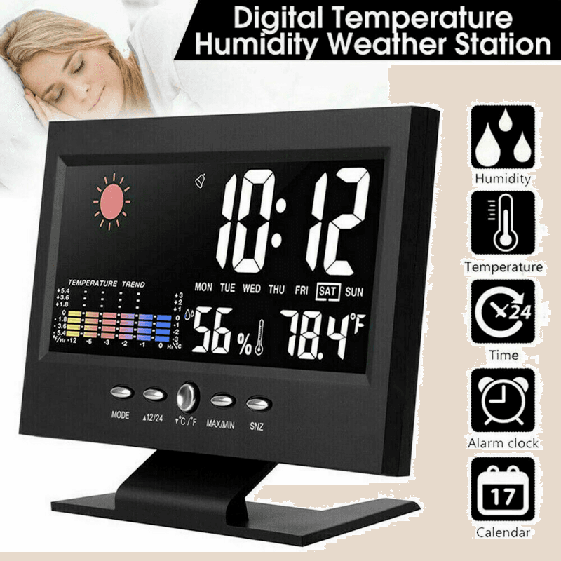 image-LED Digital Alarm Clock Snooze Calendar Thermometer Hygrometer Weather