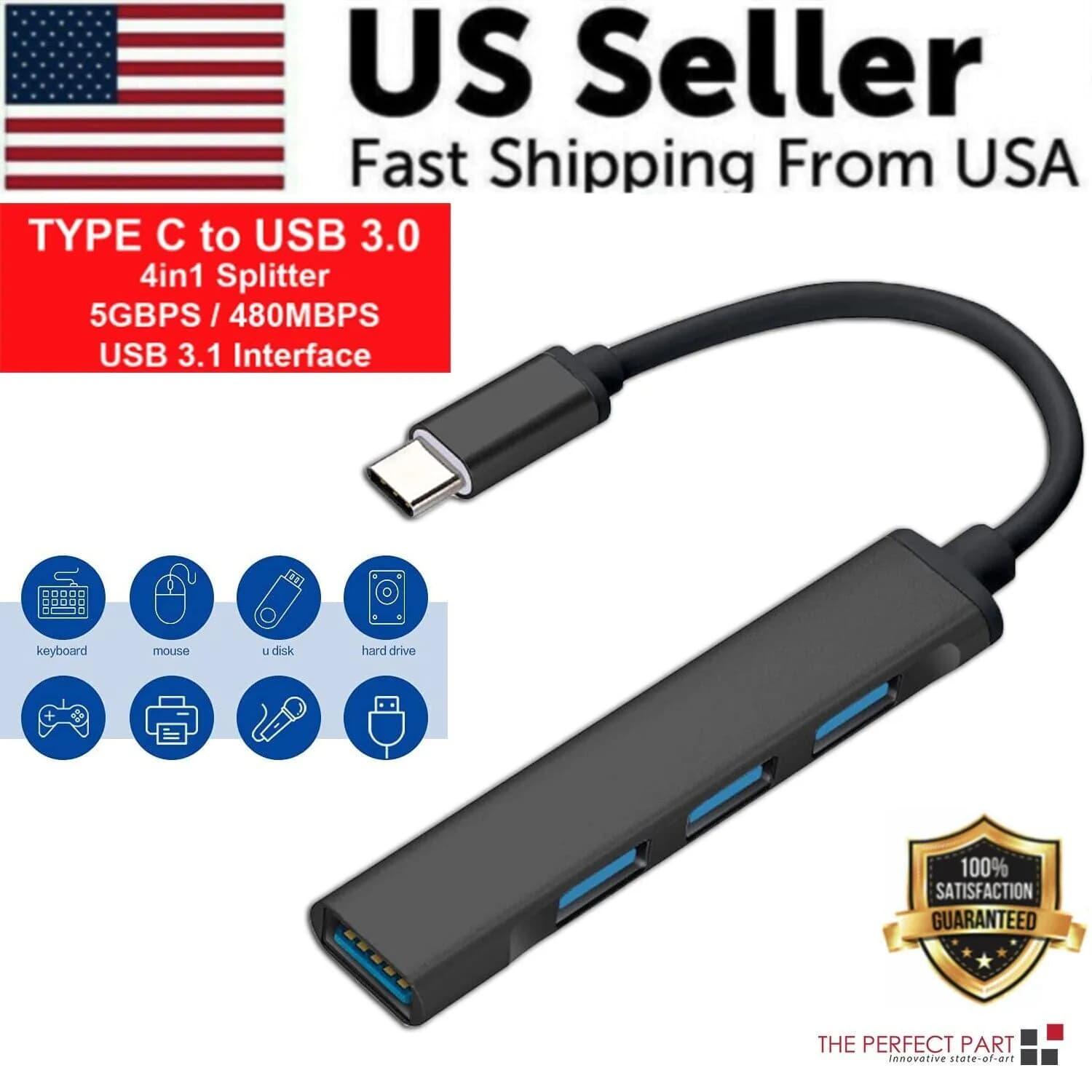 image-USB-C Type C to USB 3.0 4 Port Hub Splitter For PC Phone Mac iPad