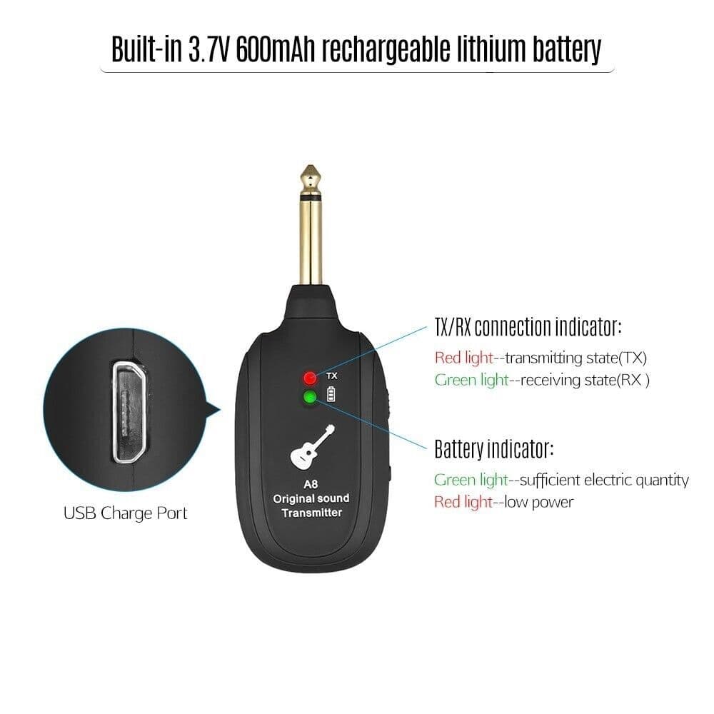 image-UHF Guitar Wireless System Transmitter+Receiver Built In Rechargeable