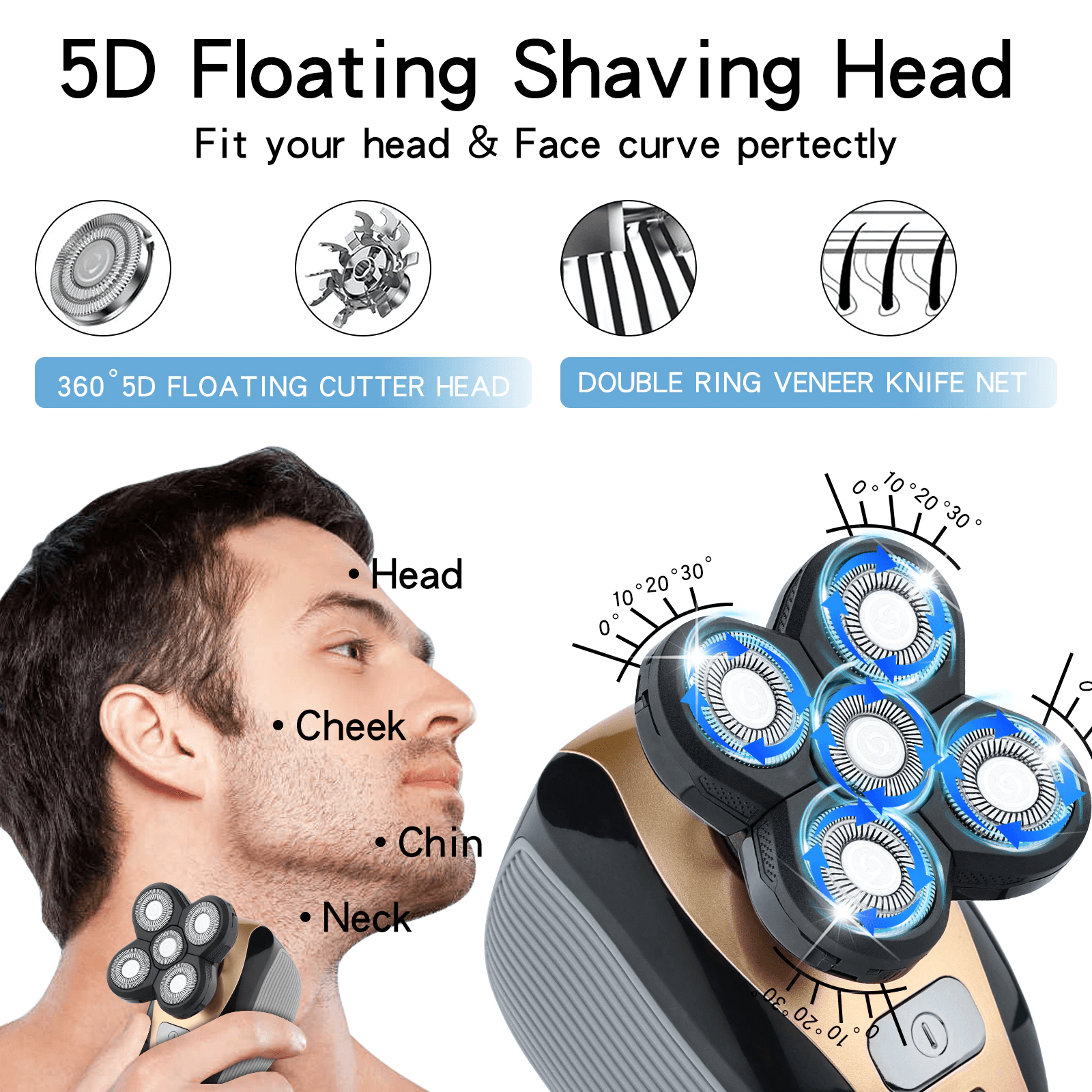 image-5-in-1 Rotary Electric Shaver 4D Rechargeable Bald Head Hair Beard