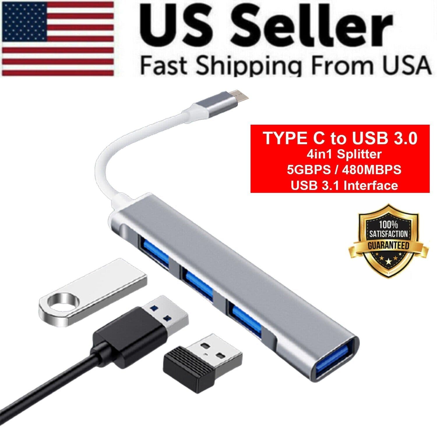 image-USB-C Type C to USB 3.0 4 Port Hub Splitter For PC Mac Phone MacBook