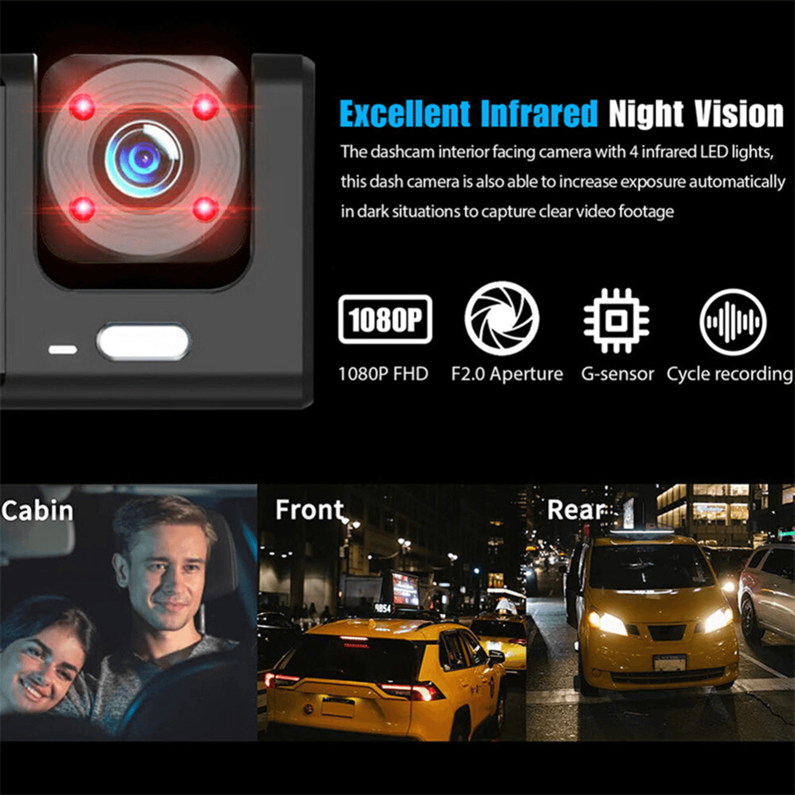 image-Car Dual Lens Dash Cam HD 1080P Front/Rear/Inside Video Recorder