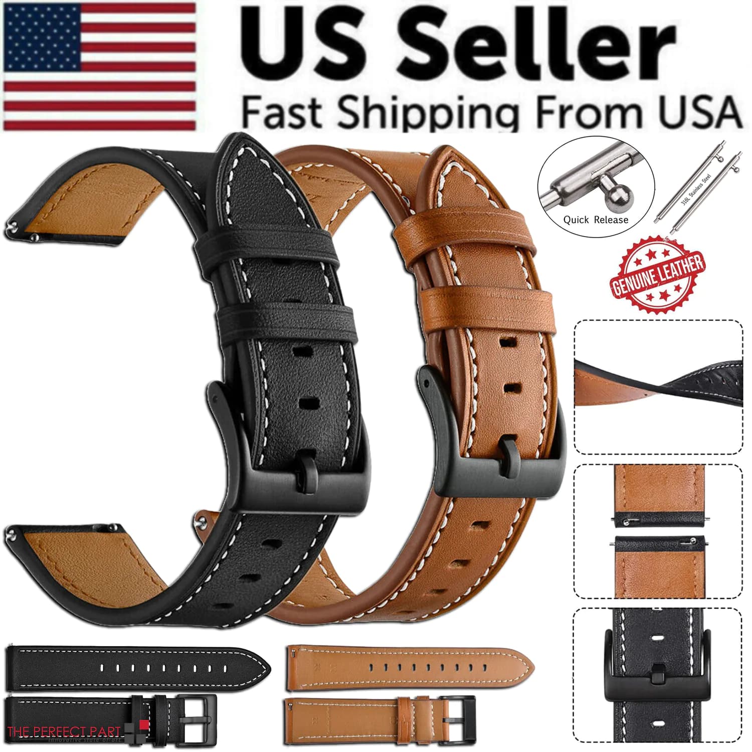 image-18mm 20mm 22mm Classic Genuine Leather Watch Band Strap Quick Release