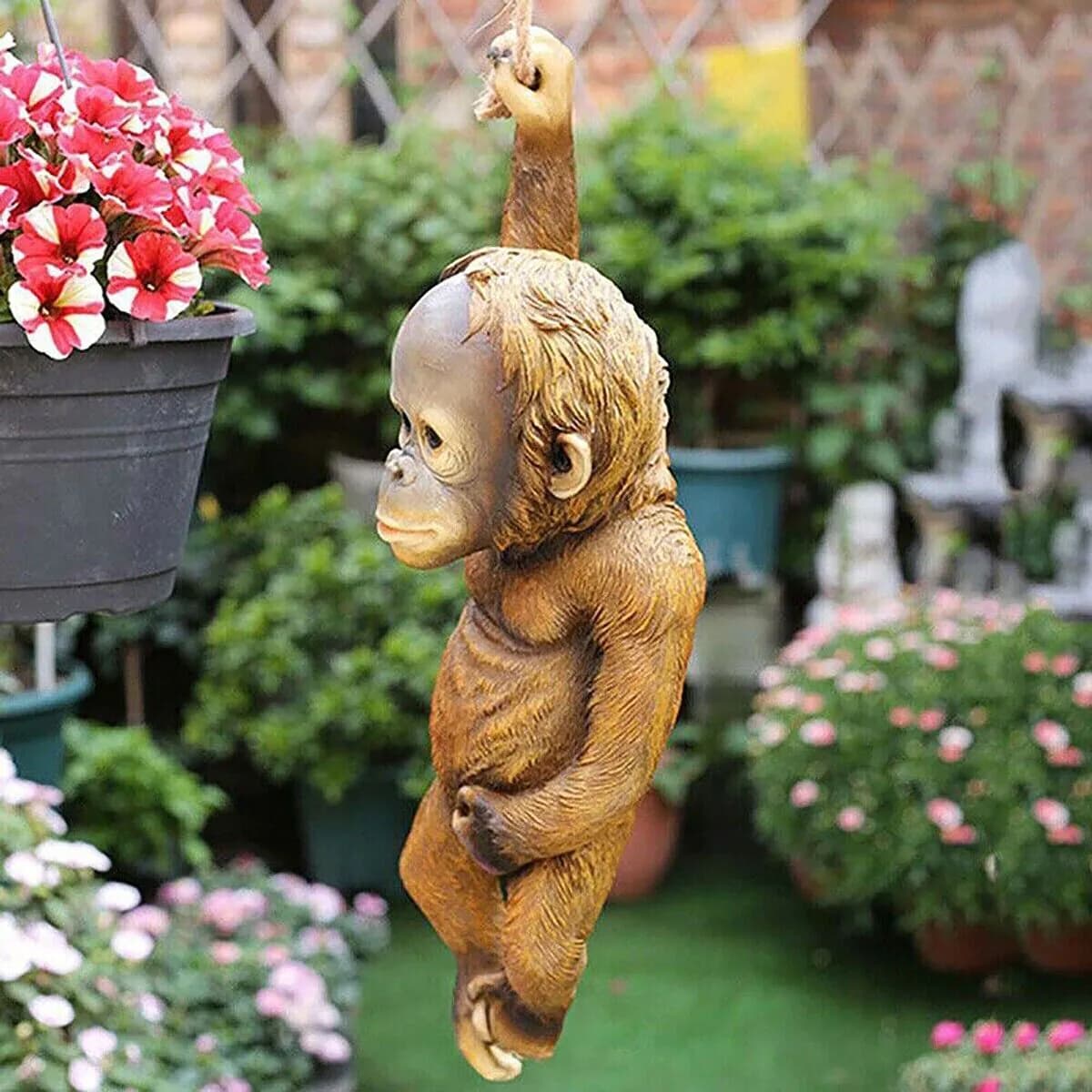 image-Monkey Chimp Hanging Rope Garden Ornament Outdoor Statue Sculpture