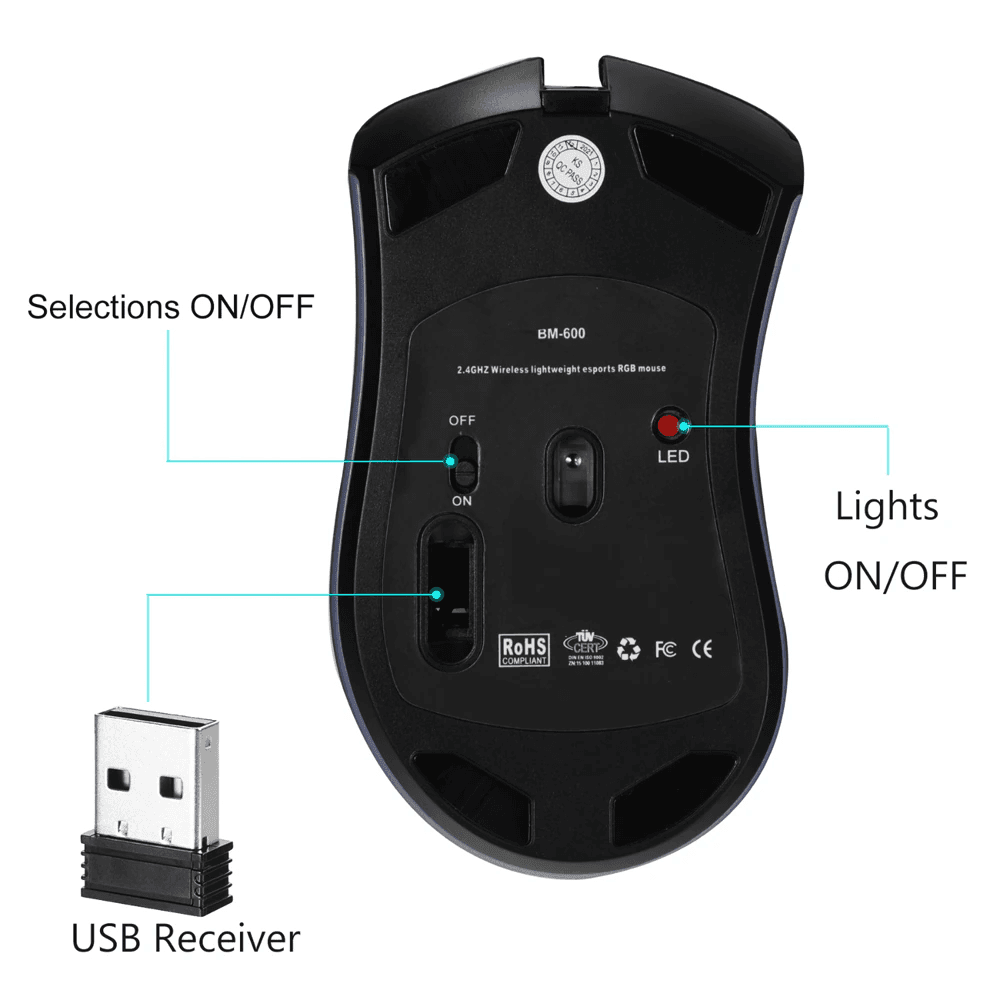 image-Wireless Mouse Gaming Rechargeable Optical Mouse Cordless 7 Color LED