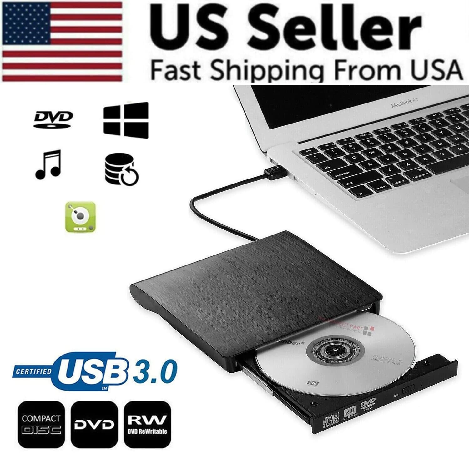 image-Slim External CD DVD RW Drive USB 3.0 Writer Burner Player Black For