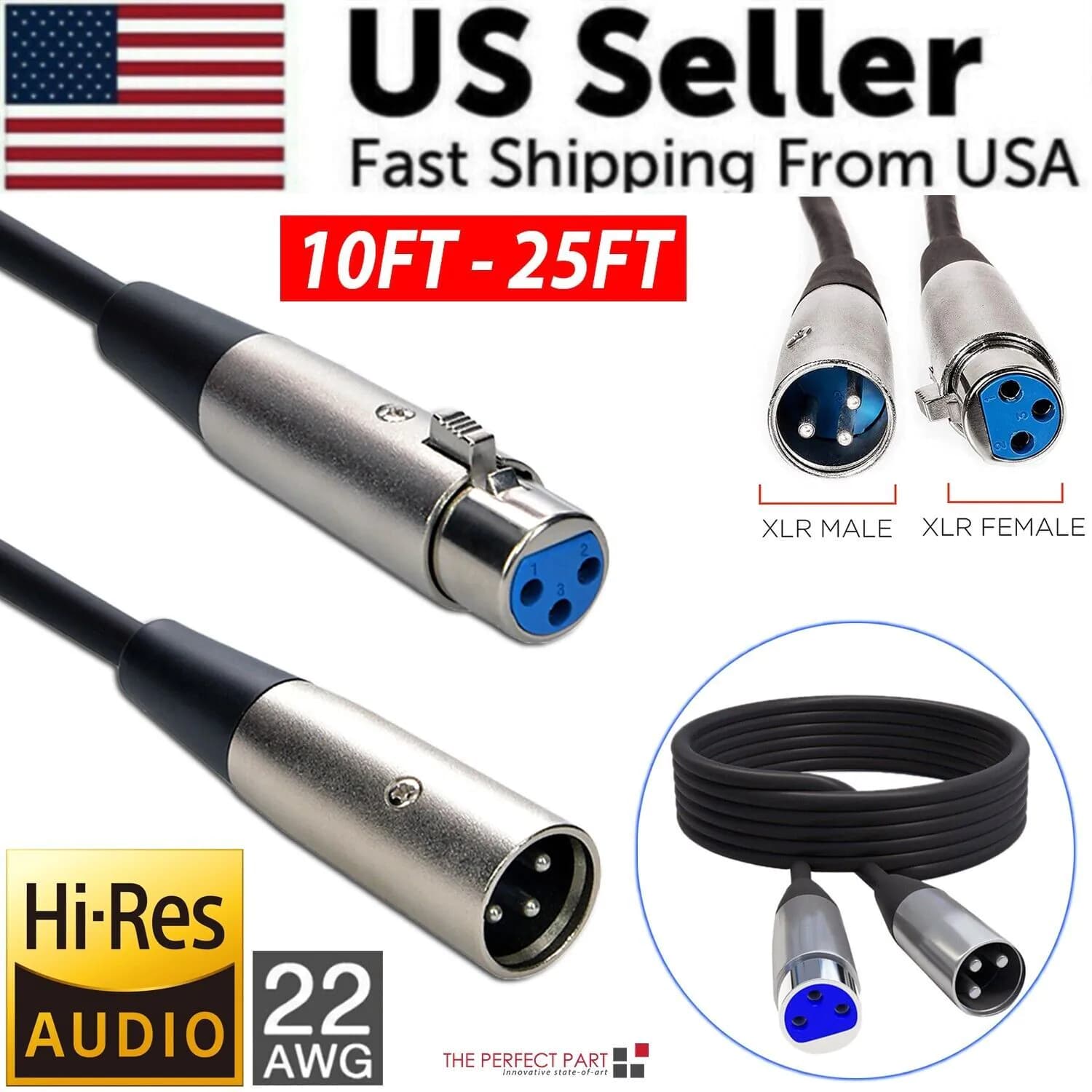 image-XLR Microphone MIC 3-Pin Male To Female Cable Cord Connector Extension