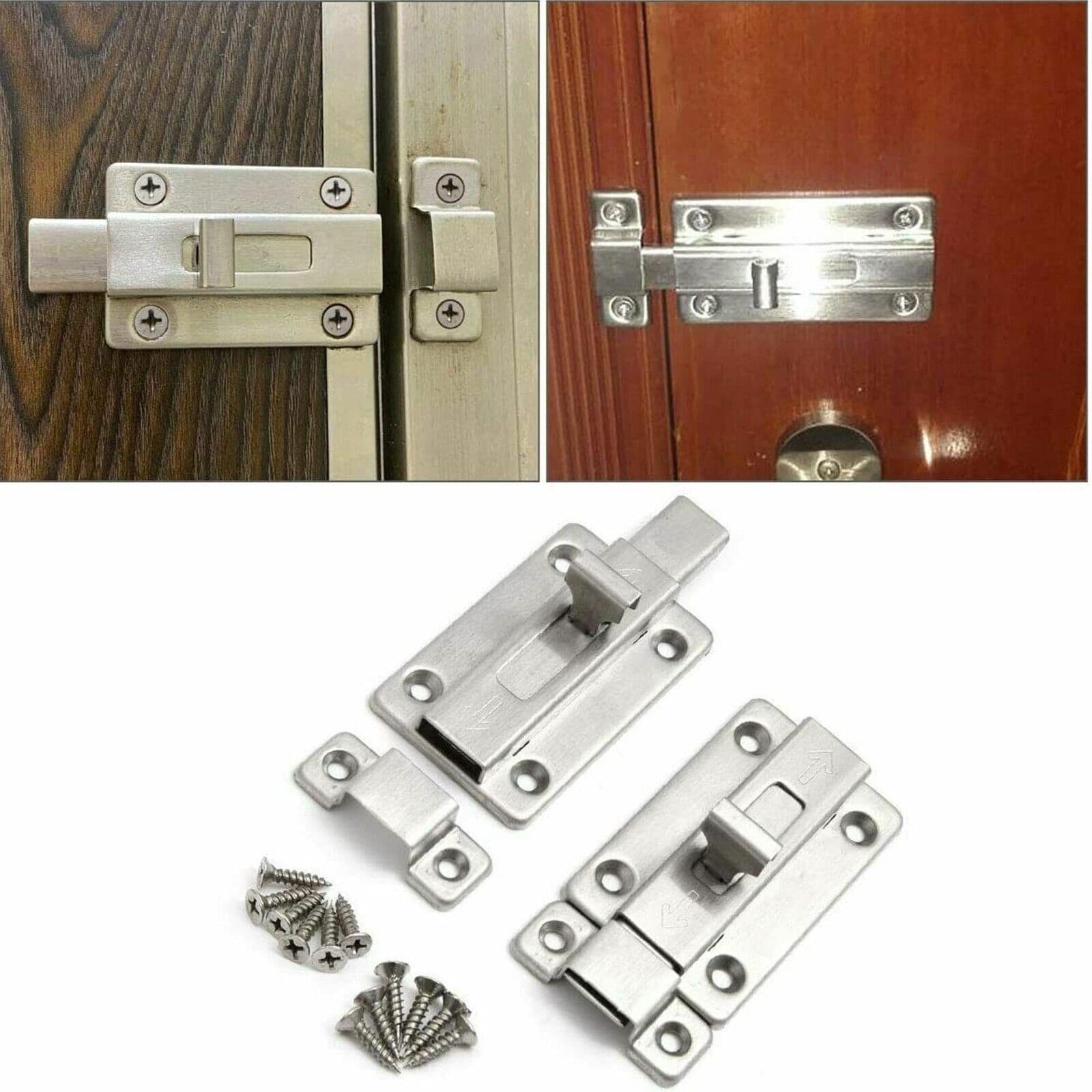 image-2Pcs Stainless Steel Latch Sliding Silver Doors Lock Keyless Door Bolt