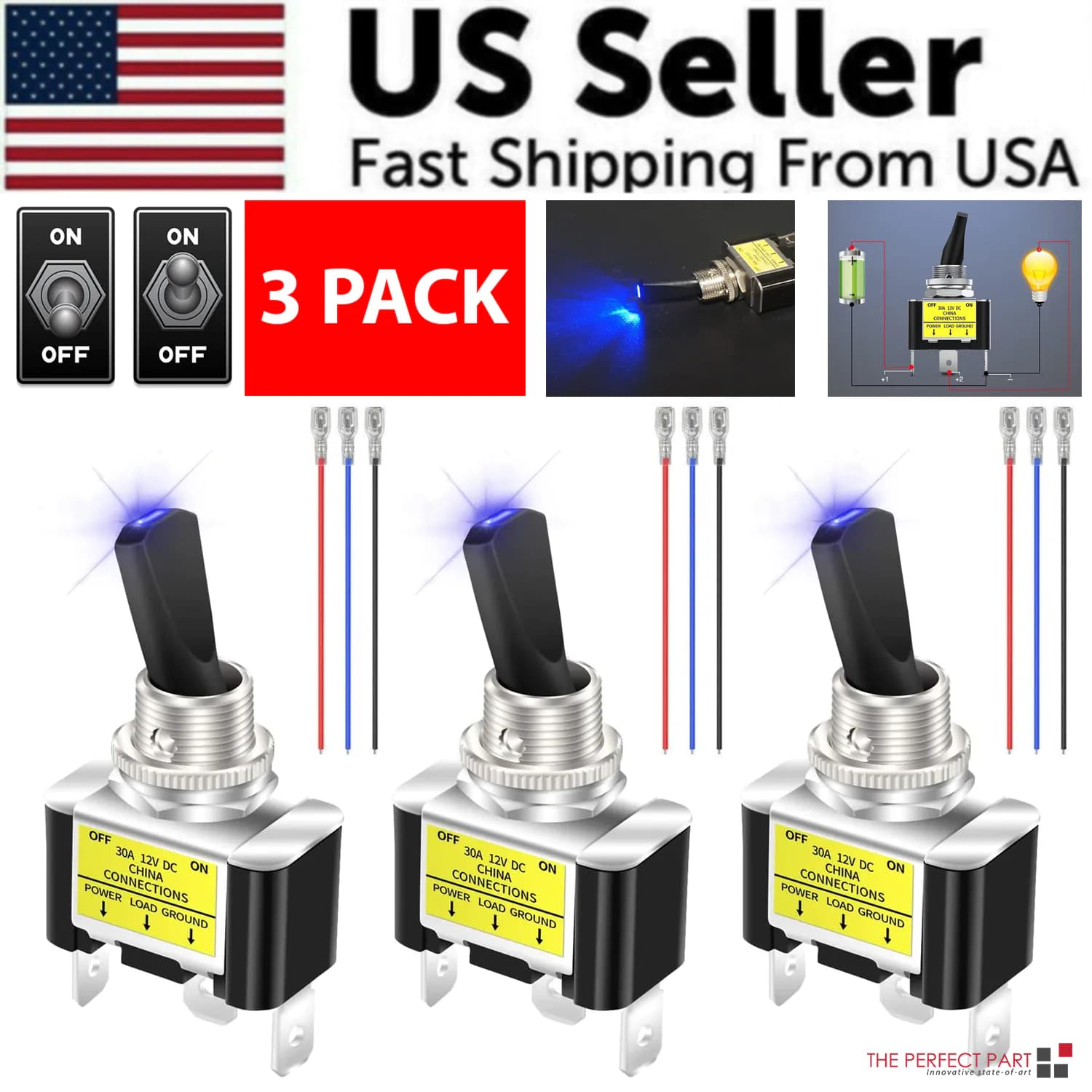 image-3Pcs 12V 30A Blue LED Light Toggle Rocker ON/OFF Switch 3Pin Marine