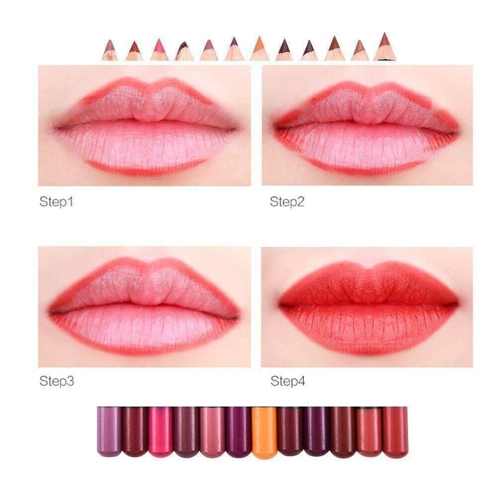 image-12Pcs Women Waterproof Lipstick Long Lasting Matte Lip Liner Pencil