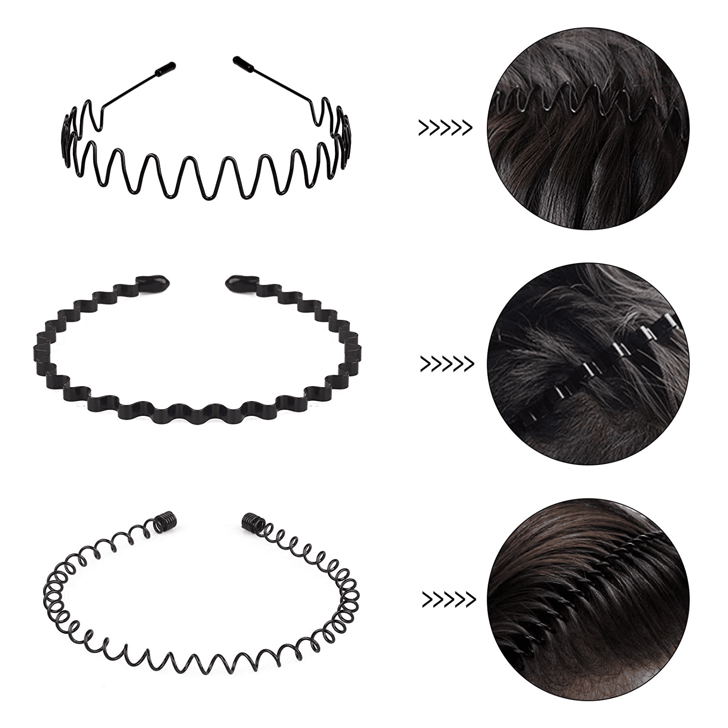 image-6Pcs Metal Hair Headband Wave Style Hoop Band Comb Sports Hairband Men