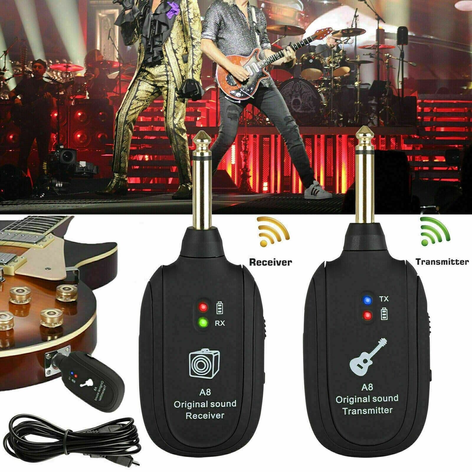 image-UHF Guitar Wireless System Transmitter+Receiver Built In Rechargeable
