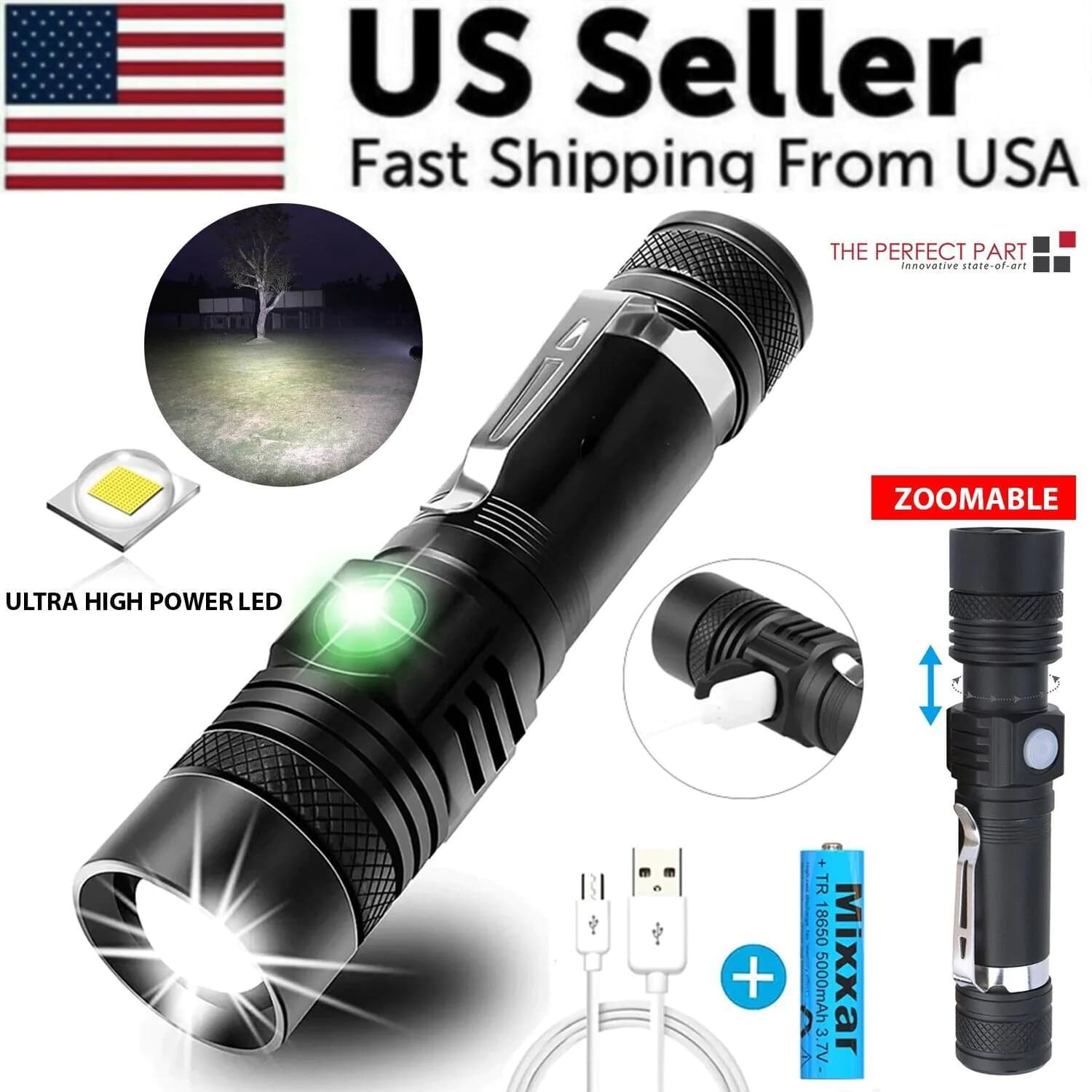 image-Super Bright 90000LM LED Tactical Flashlight Zoomable With