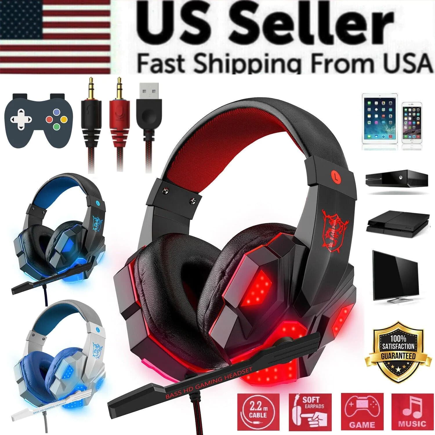 image-3.5mm Gaming Headset Mic LED Headphones Stereo Bass Surround For PC