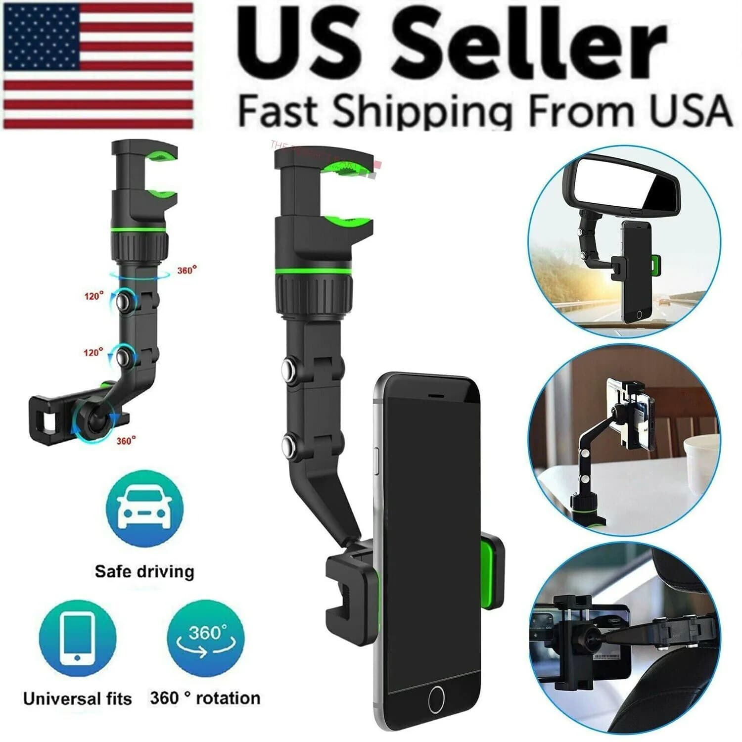 image-360° Car Rearview Mirror Rotation Adjustable Phone Holder Mount
