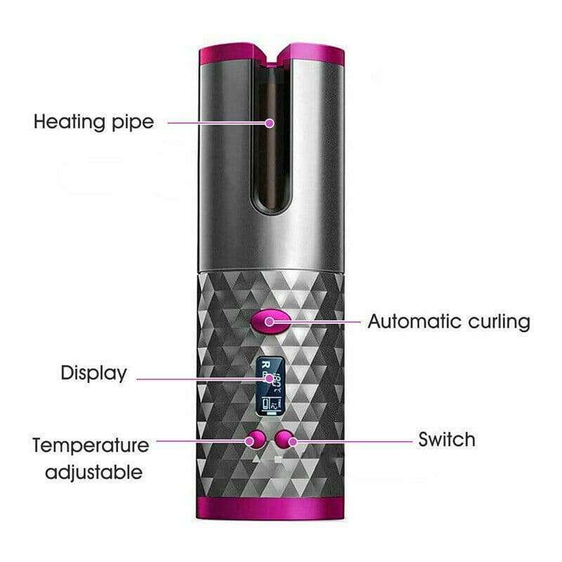 image-Hair Curler LCD Cordless Auto Rotating Waver Curling Iron Ceramic