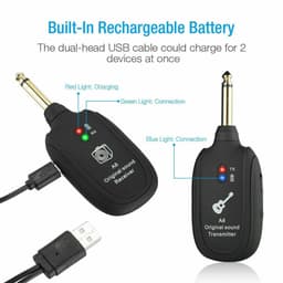 image-UHF Guitar Wireless System Transmitter+Receiver Built In Rechargeable