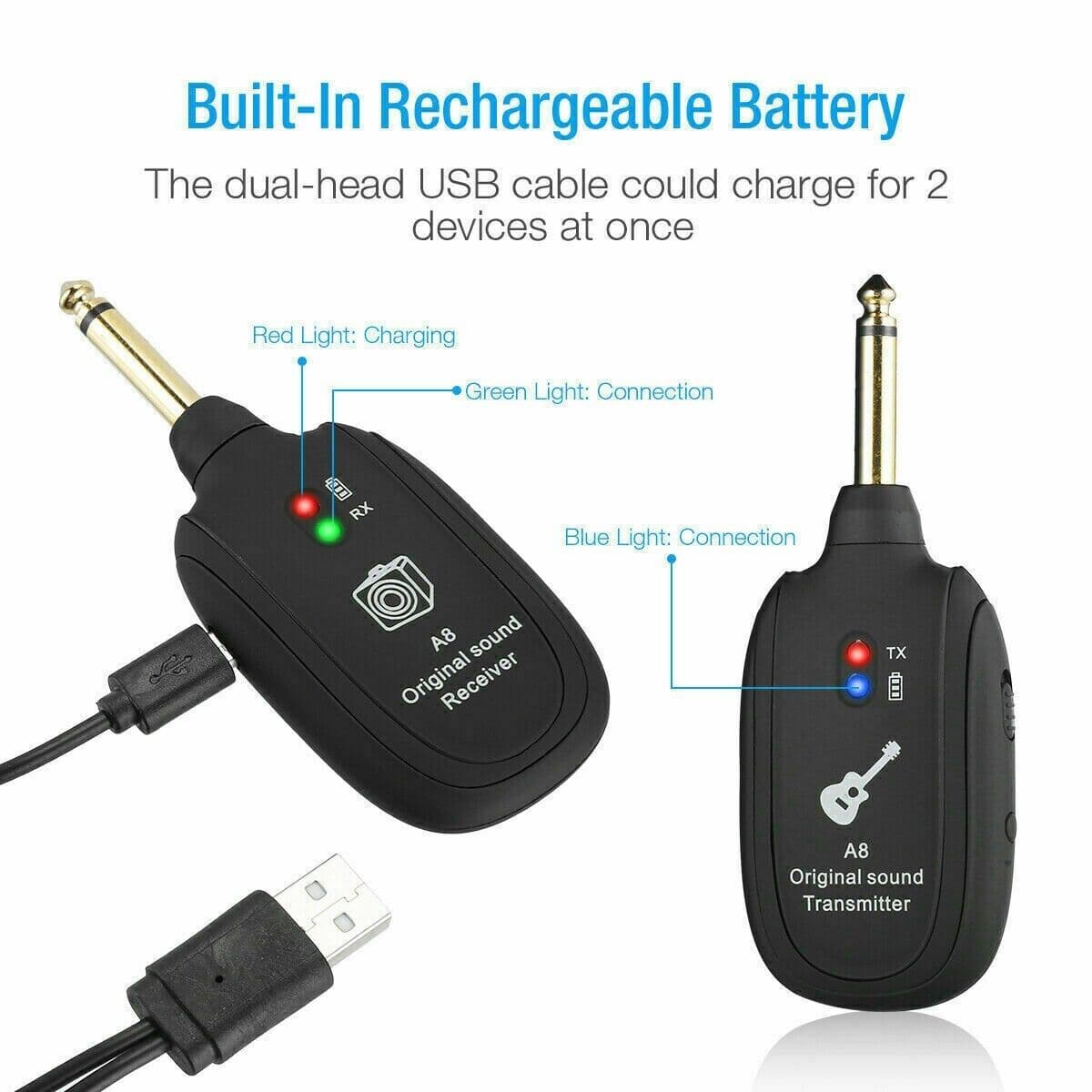 image-UHF Guitar Wireless System Transmitter+Receiver Built In Rechargeable