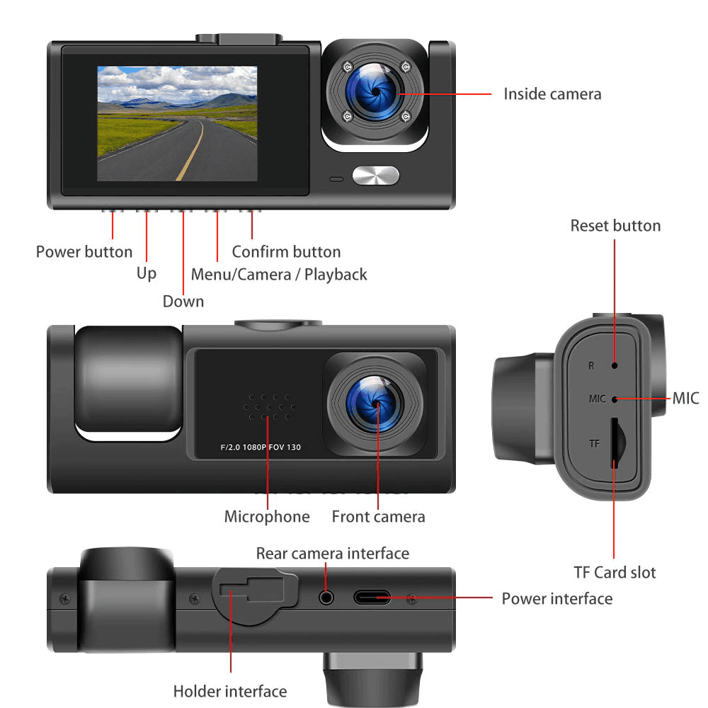 image-Car Dual Lens Dash Cam HD 1080P Front/Rear/Inside Video Recorder