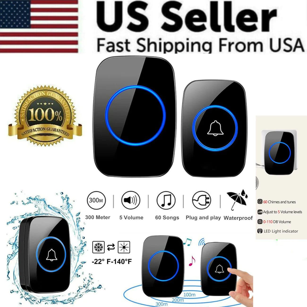 image-Wireless Doorbell Chime Waterproof Plugin Receiver Adjustable Volume