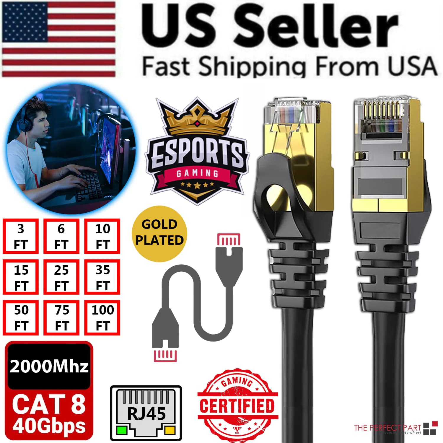 image-Cat 8 Ethernet RJ45 Cable Super Speed 40Gbps Patch LAN Network Gold