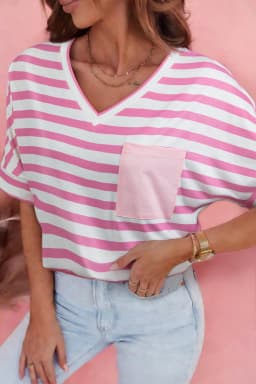image-Pink Stripe V Neck Patched Pocket Casual T Shirt