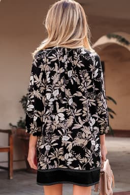 image-Black Botanical Print 3/4 Sleeve Split Neck Mini Dress
