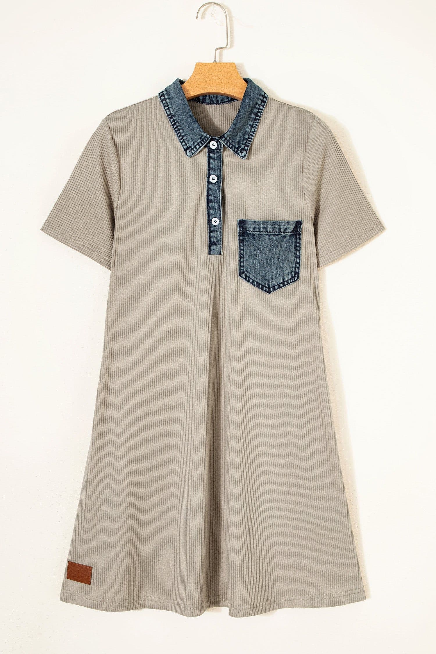image-Ribbed Knit Denim Patchwork Polo Collar Dress - Beige Short Sleeve Casual Dress