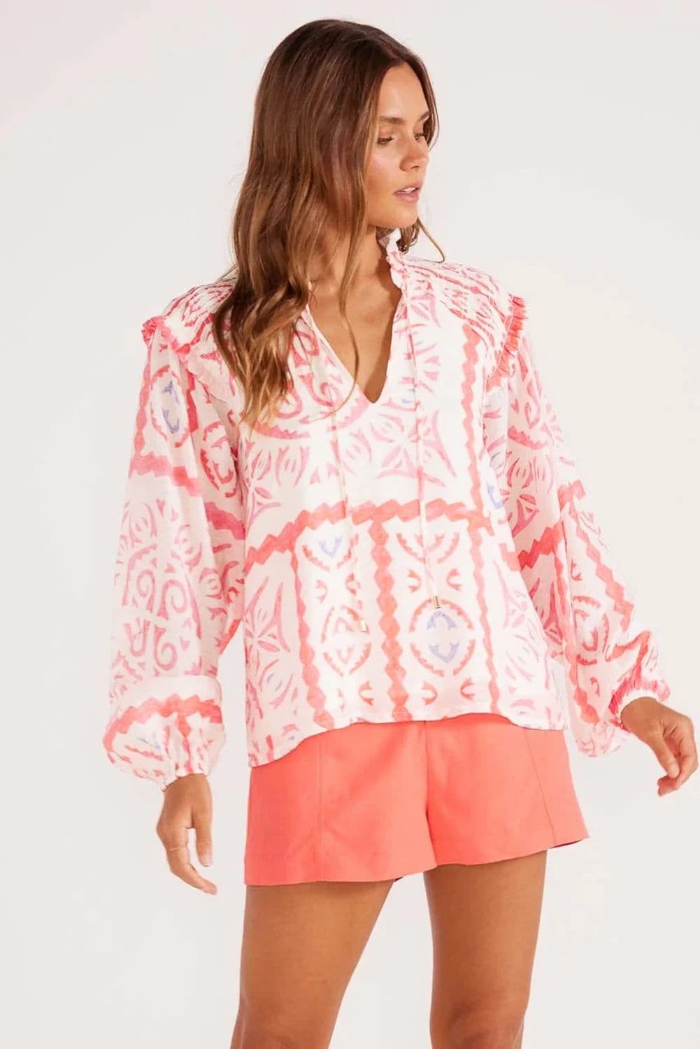 image-Vintage Desert Flower Blouse with Poet Collar & Billowy Sleeves