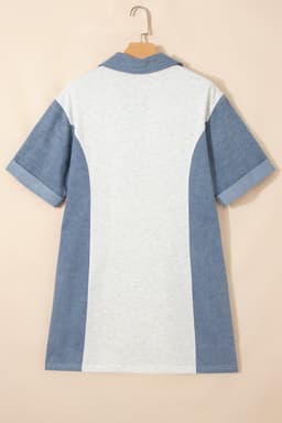 image-Light Grey Denim Color Block Patchwork Button Polo Collar T Shirt Tunic Dress