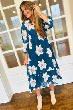 image-Blue Floral Print Shirt Collar V Neck 3/4 Sleeve Shift Midi Dress