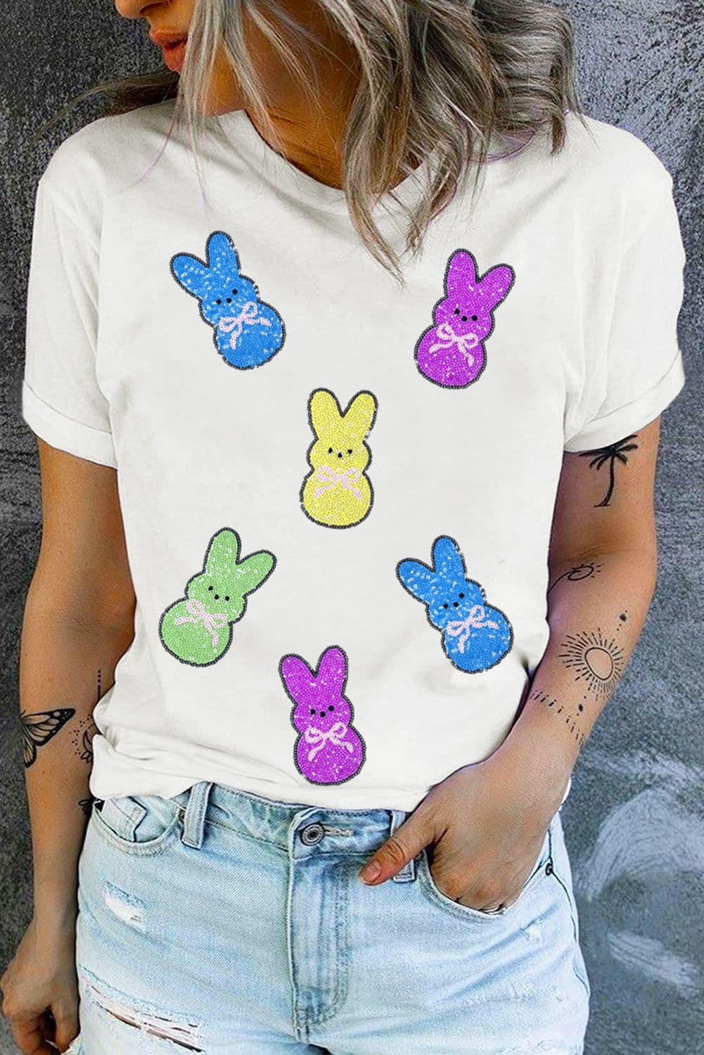 image-White Sequin Bow Bunny Doll Patched Easter Graphic Tee