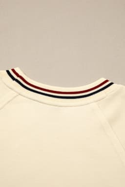 image-Beige Contrast Varsity Striped Neckline Cuffed Short Sleeve Loose Tunic Top