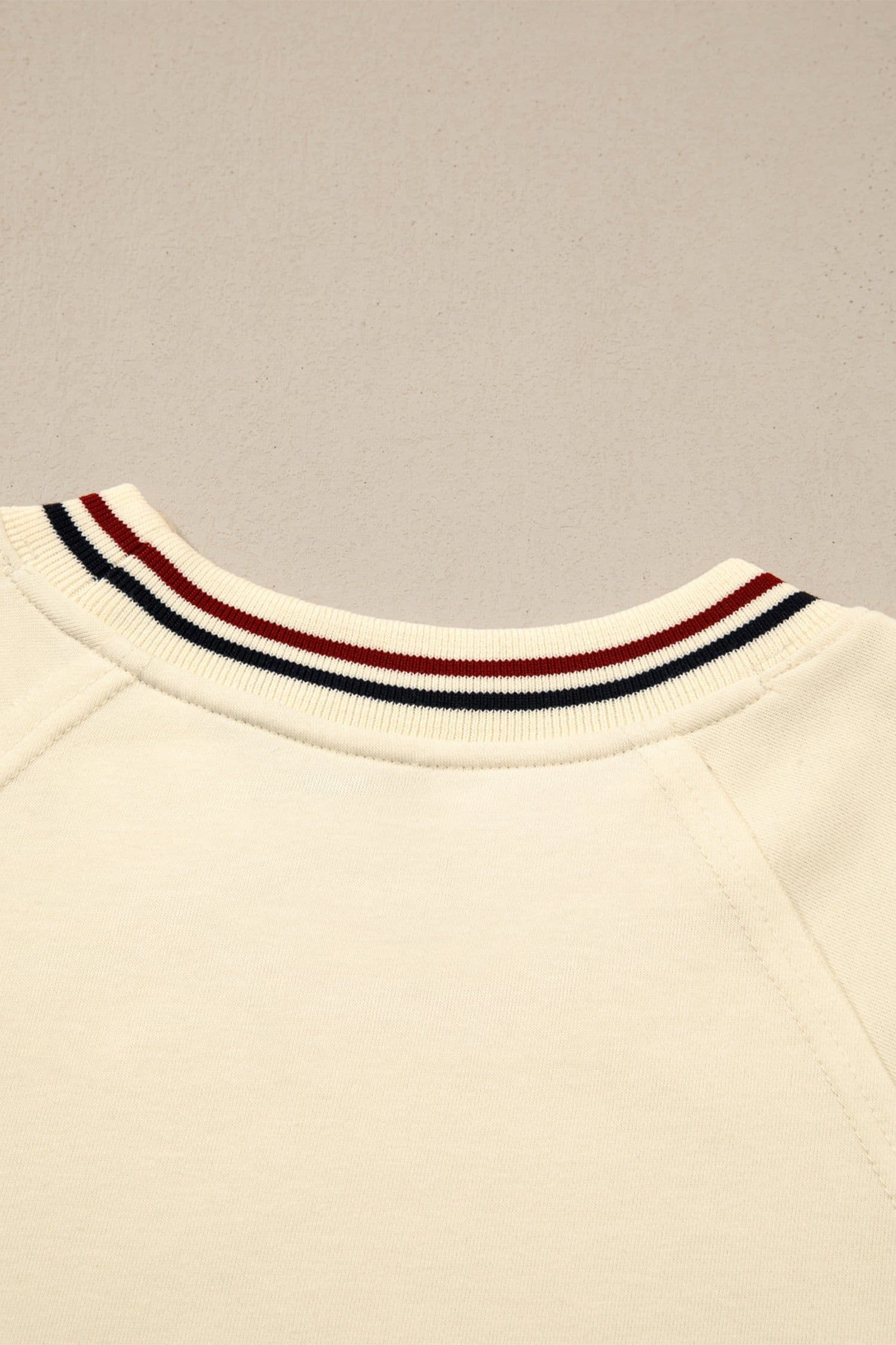 image-Beige Contrast Varsity Striped Neckline Cuffed Short Sleeve Loose Tunic Top