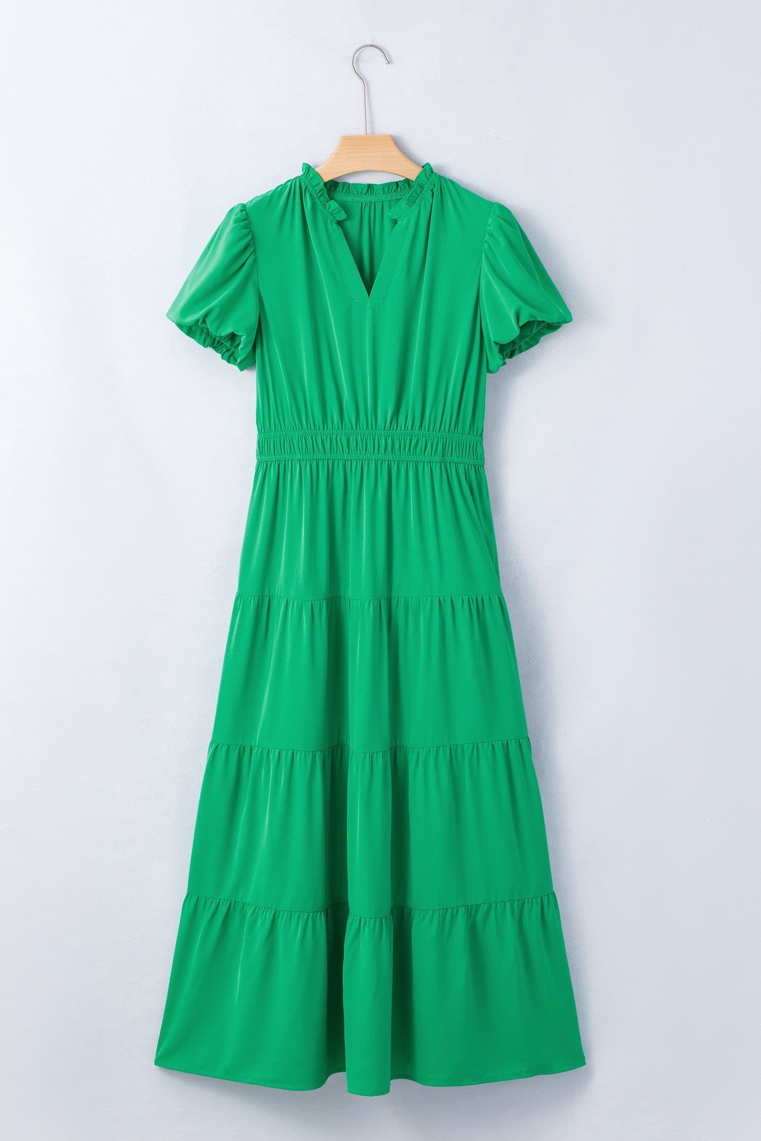 image-Bright Green V Neck Puff Sleeve High Waist Tiered Maxi