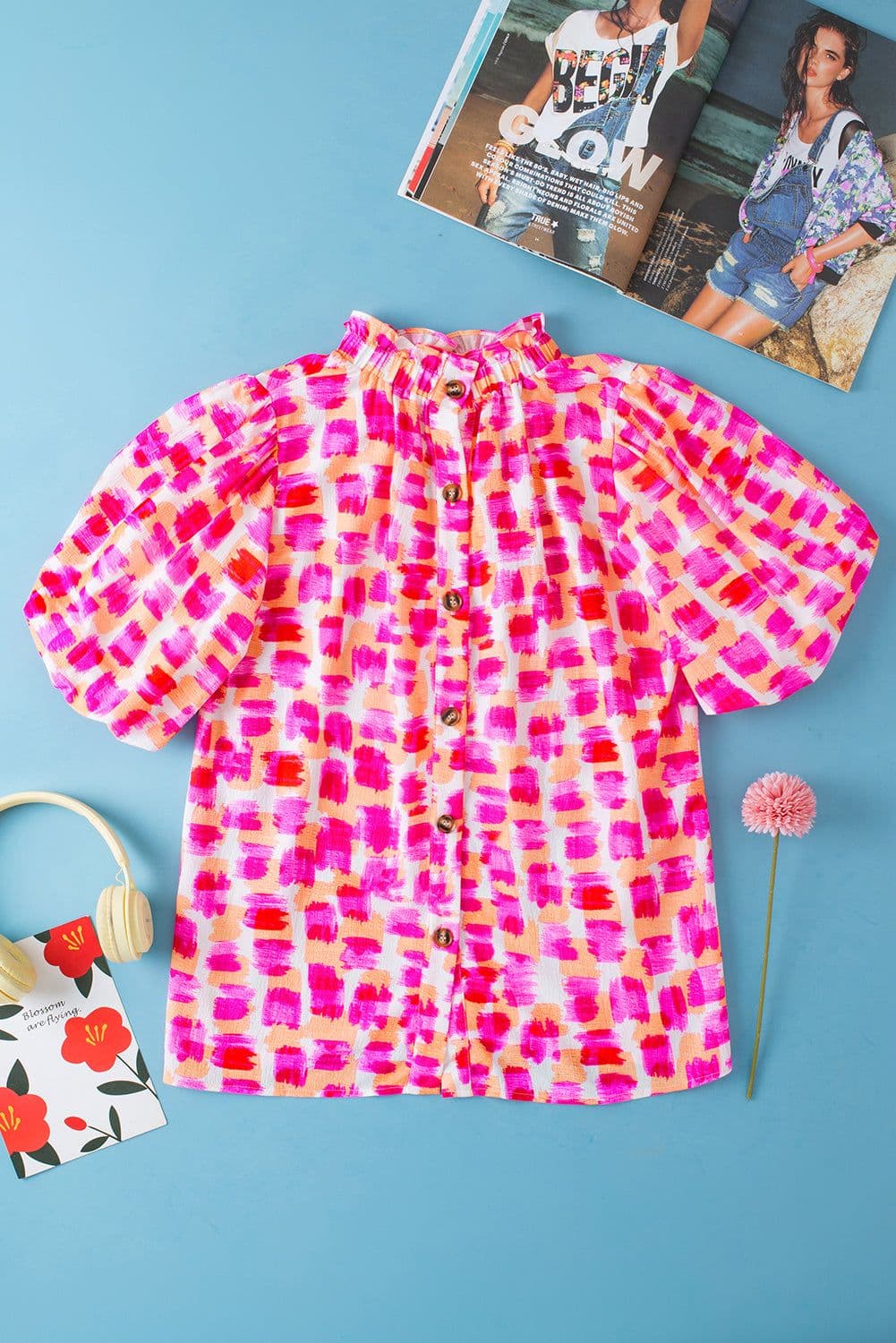 image-Pink Abstract Print Ruffled High Neck Button Back Blouse