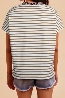 image-Khaki Stripe Leopard Patchwork T-Shirt