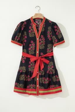 image-Black Retro Floral Print Button Down Belted Short Puff Sleeve Mini Dress