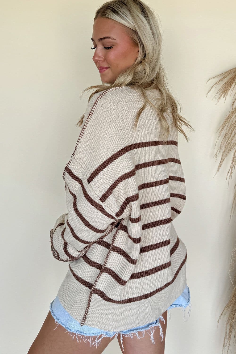 image-Brown Stripe Ribbed Henley Drop Shoulder Slouchy Sweater