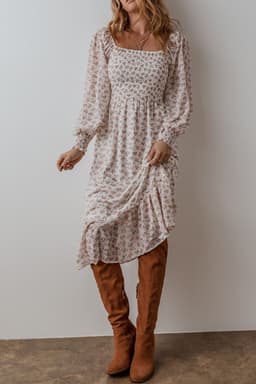 image-Floral Print Shirred Ruffled Hem Midi Dress - White