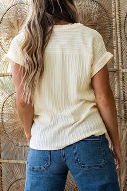 image-Beige Twisted Knit V Neck T Shirt