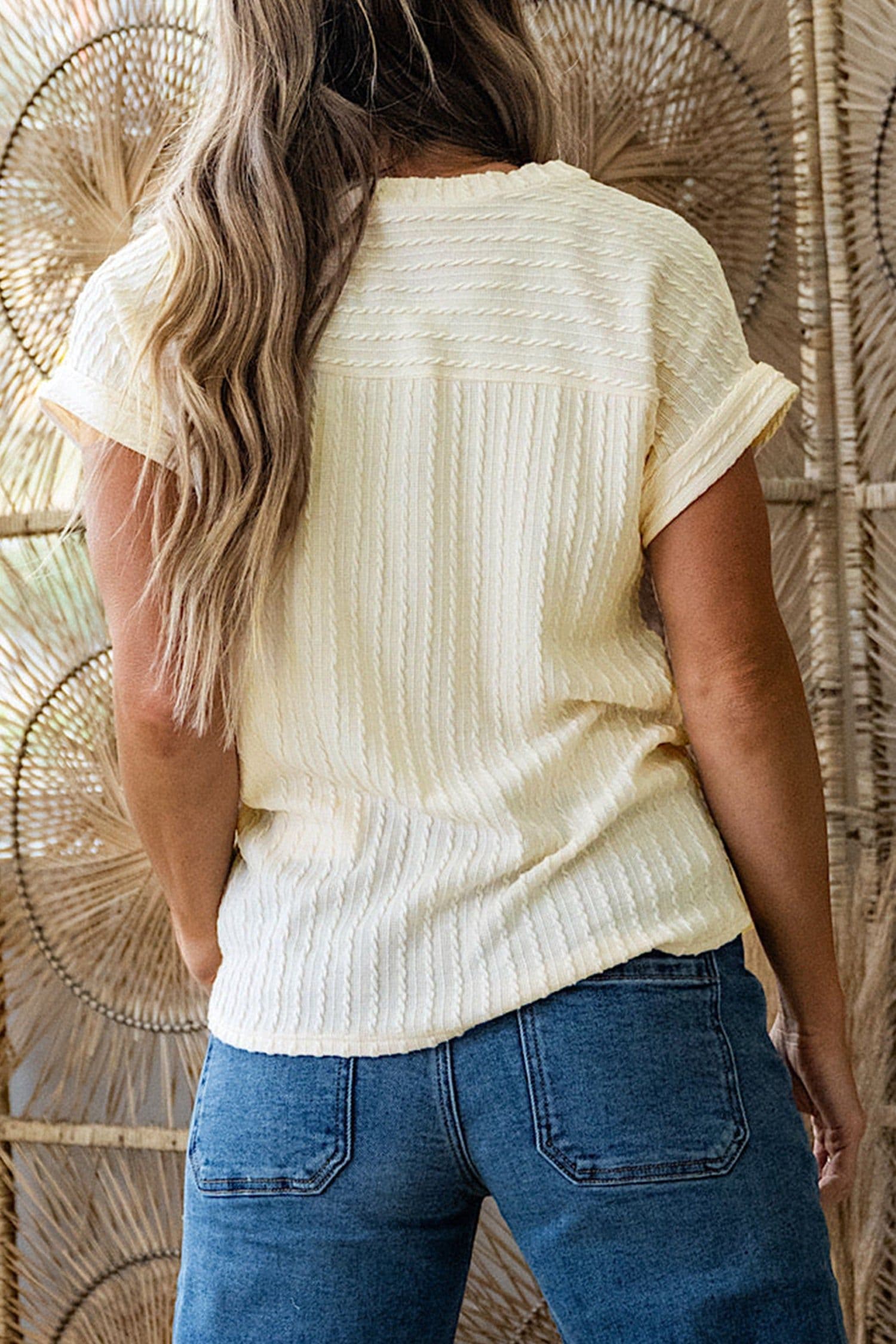 image-Beige Twisted Knit V Neck T Shirt