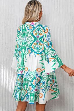image-Tribal Bracelet Sleeve Buttoned Mini Dress - Green