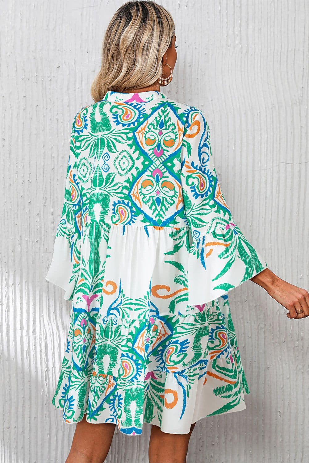 image-Tribal Bracelet Sleeve Buttoned Mini Dress - Green