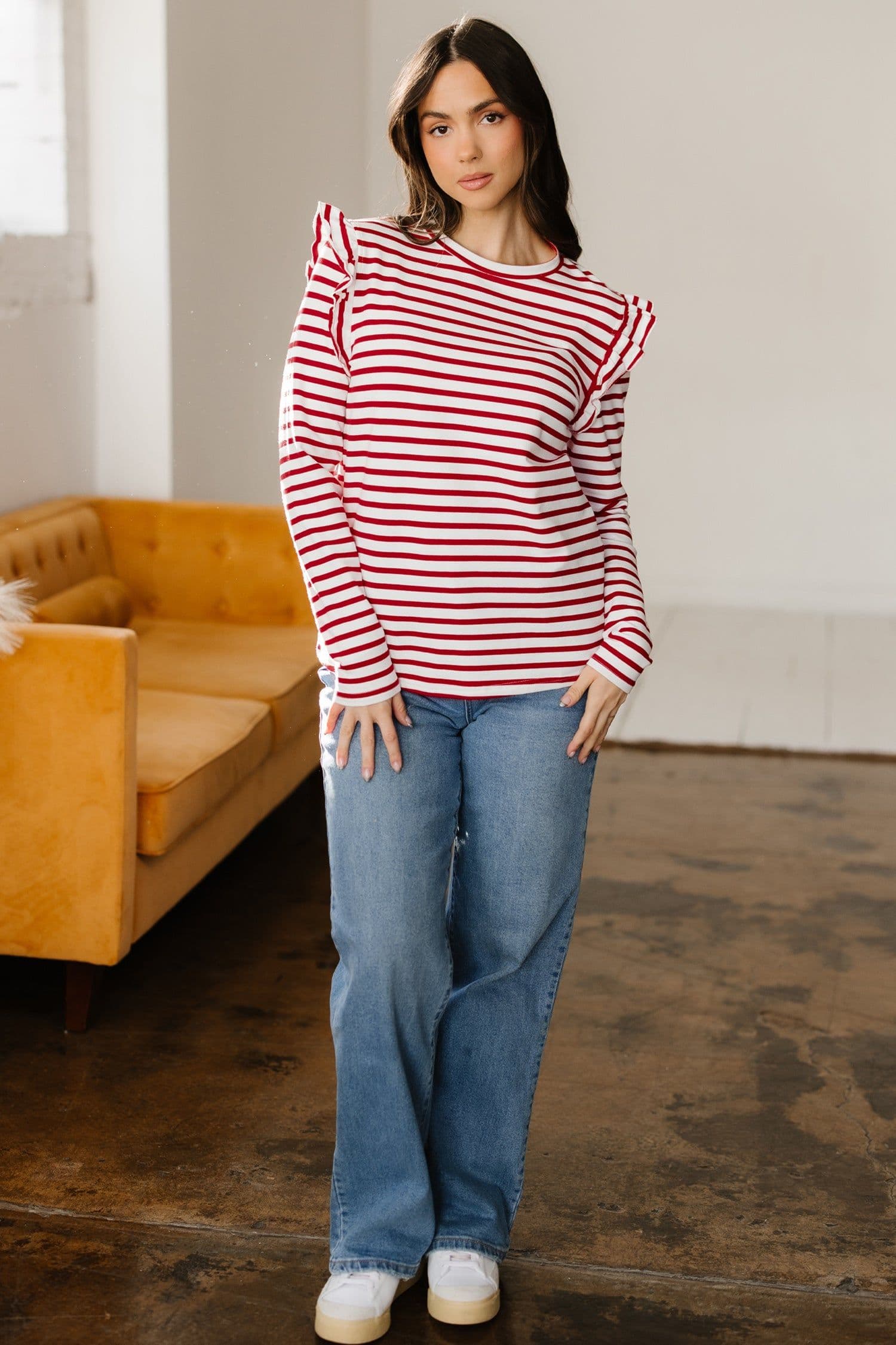 image-Red Stripe Ruffle Long Sleeve Top