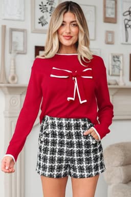 image-Black Cropped Sweater Big Bow Contrast Trim Holiday