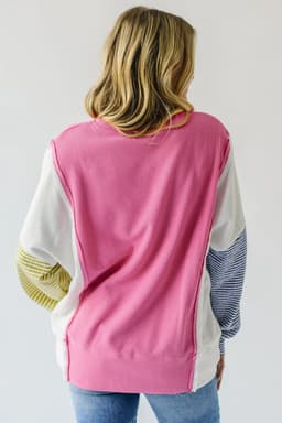 image-Pink Striped Color Block Top with Exposed Seams Long Sleeves