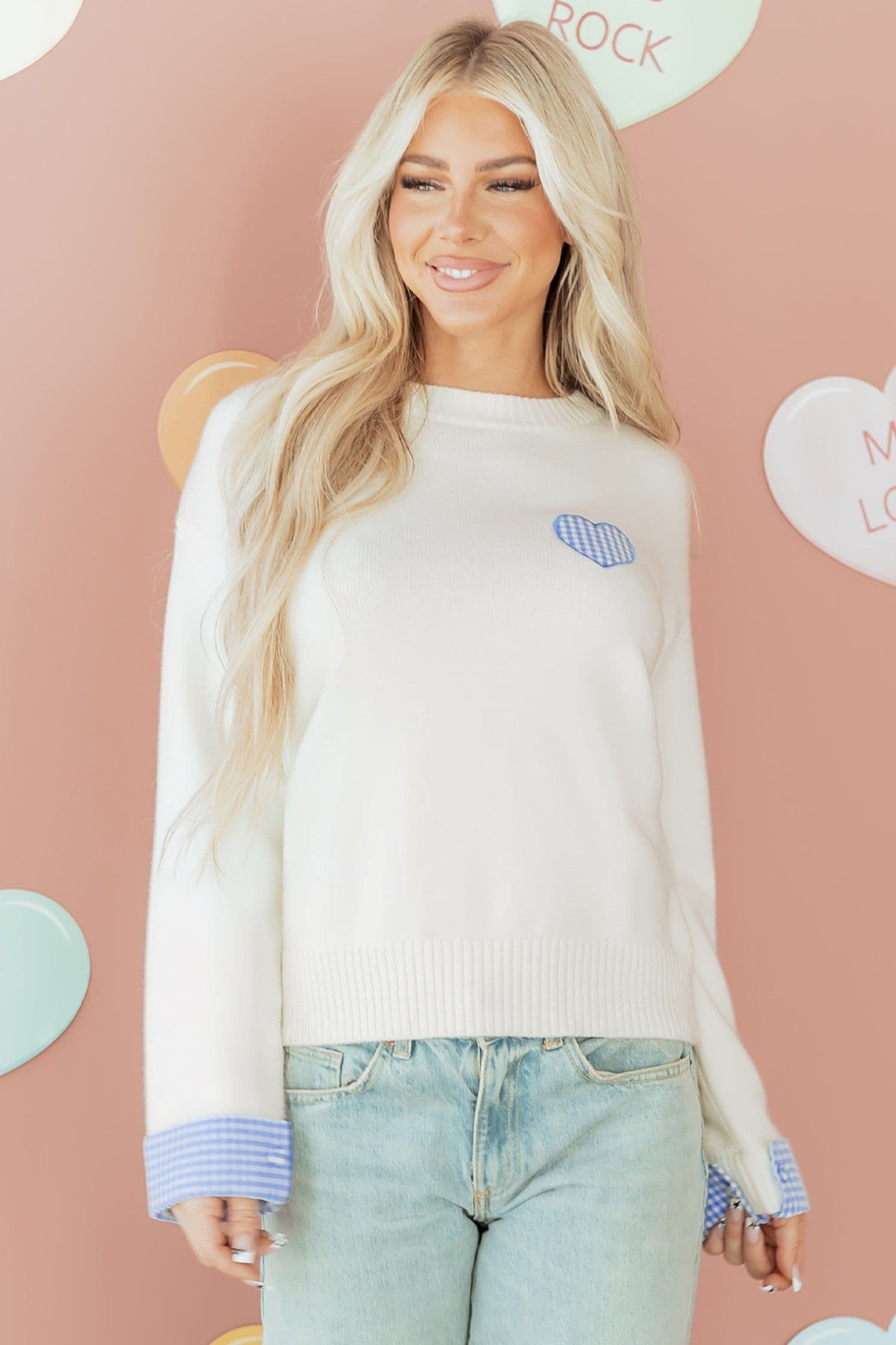 image-White Plaid Heart Embroidered Cuffed Drop Shoulder Crew Neck Sweater